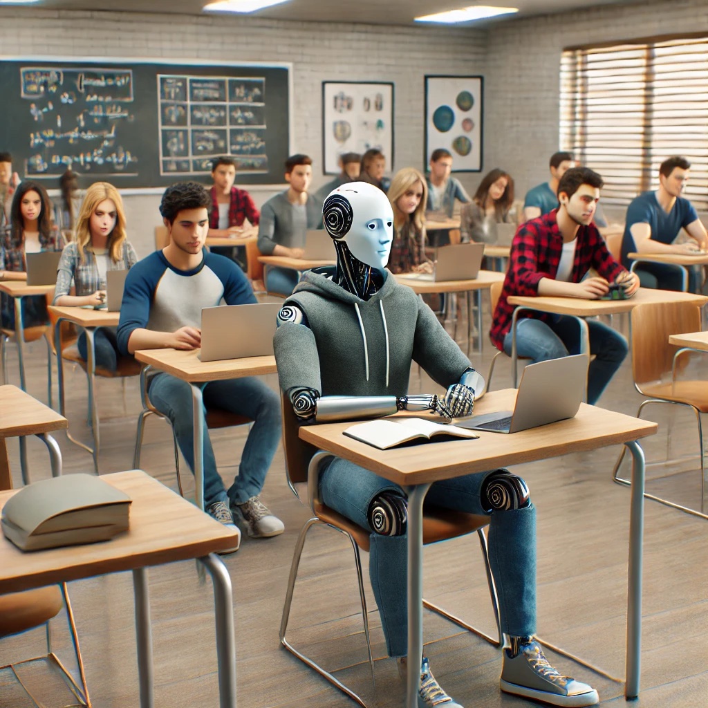 A realistic college Classroom scene with students sitting at desks. One of the students is a robot. Image generated by DALL-E 2024-09-02. 